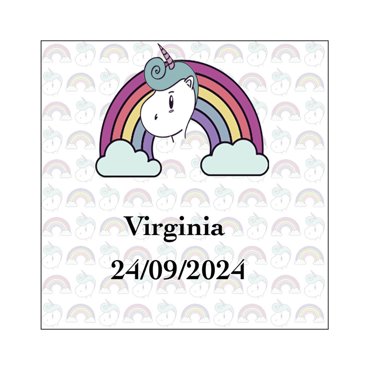 Adhesivo unicornio arcoíris cuadrado personalizado con nombre y fecha para bodas bautizos cumpleaños comuniones y empresas