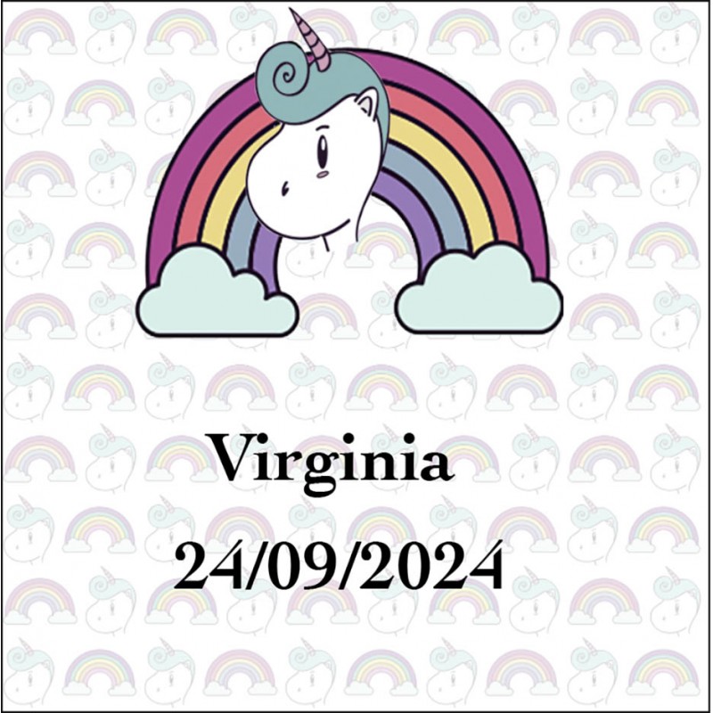Adhesivo Unicornio Arcoíris, Cuadrado Personalizado Con Nombre Y Fecha para Bodas, Bautizos, Cumpleaños, Comuniones y Empresas Adhesivo Unicornio Arcoíris, Cuadrado Personalizado Con Nombre Y Fecha para Bodas, Bautizos, Cumpleaños, Comuniones y Empresas