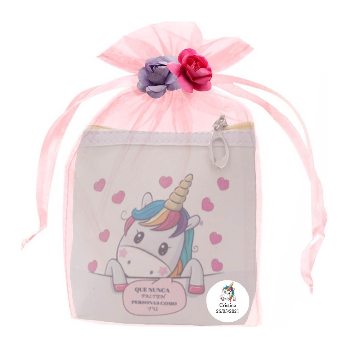 Monedero cuadrado de unicornio personalizado y presentado en bolsa con flores de papel