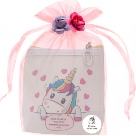 Monedero Cuadrado De Unicornio Personalizado Y Presentado En Bolsa Con Flores De Papel