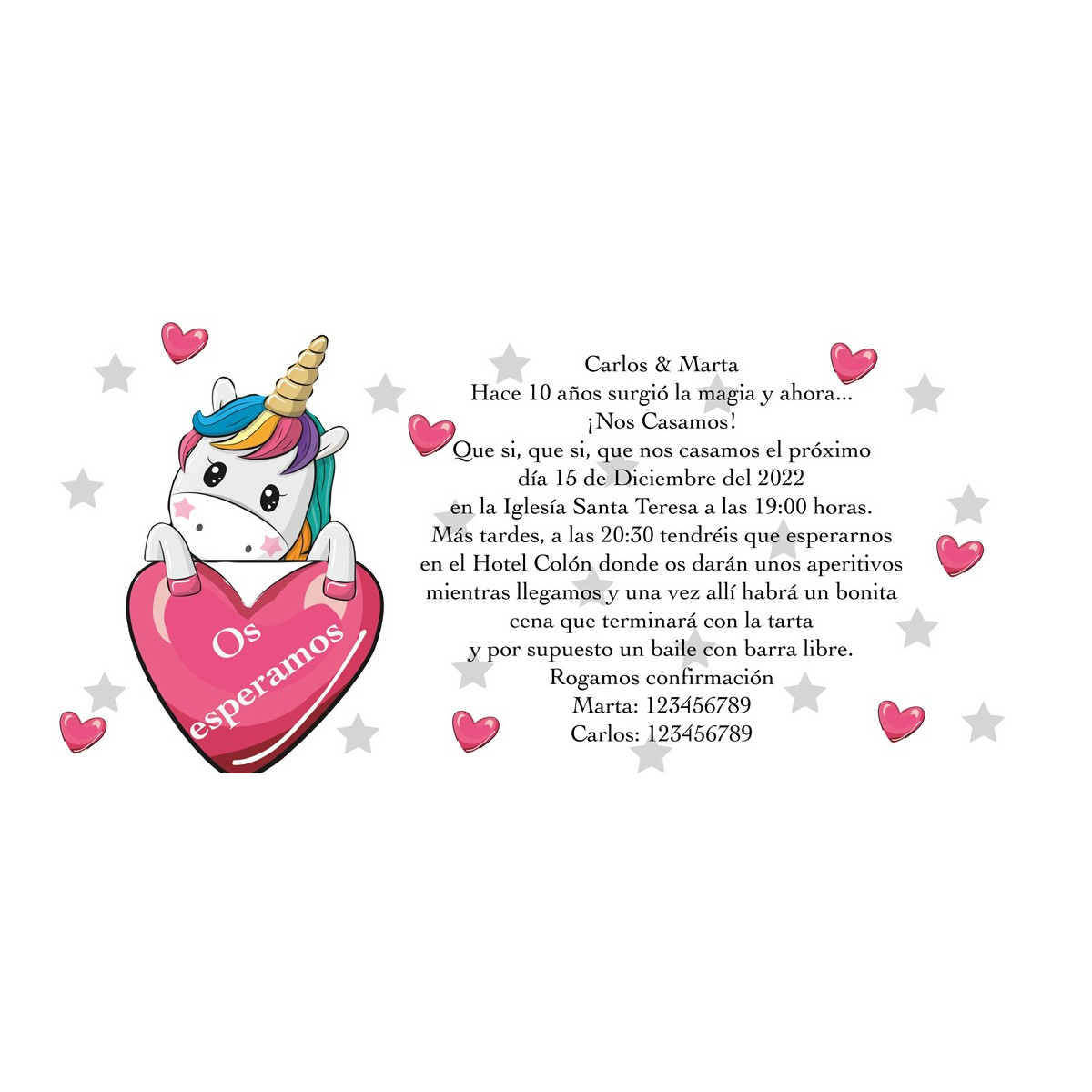 Invitaciones de boda unicornio y corazones