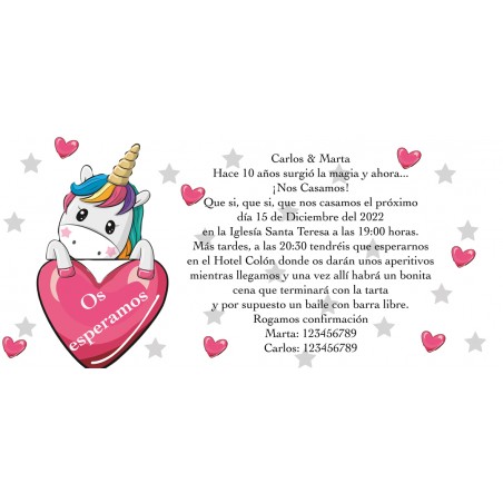 Invitaciones De Boda Unicornio Y Corazones
