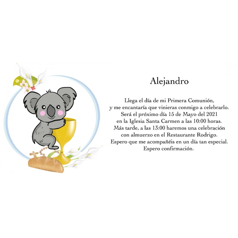 Invitación Koala Personalizada Para Comunión Invitación Koala Personalizada Para Comunión