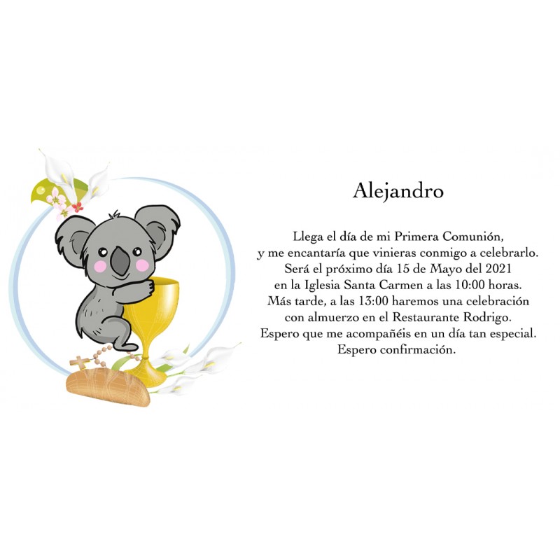 Invitación koala personalizada para comunión