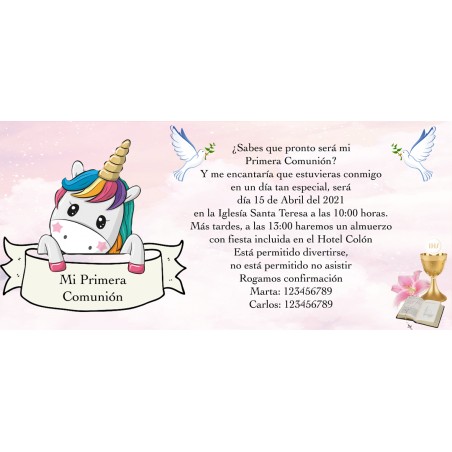 Invitación de unicornio para comunión personalizada