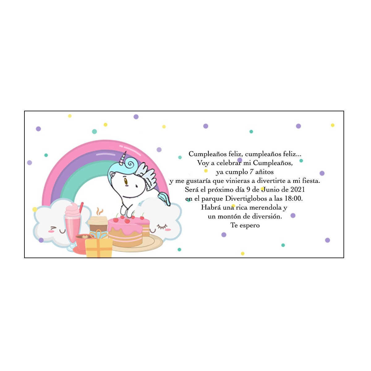 Invitación unicornio arcoíris personalizado para cumpleaños
