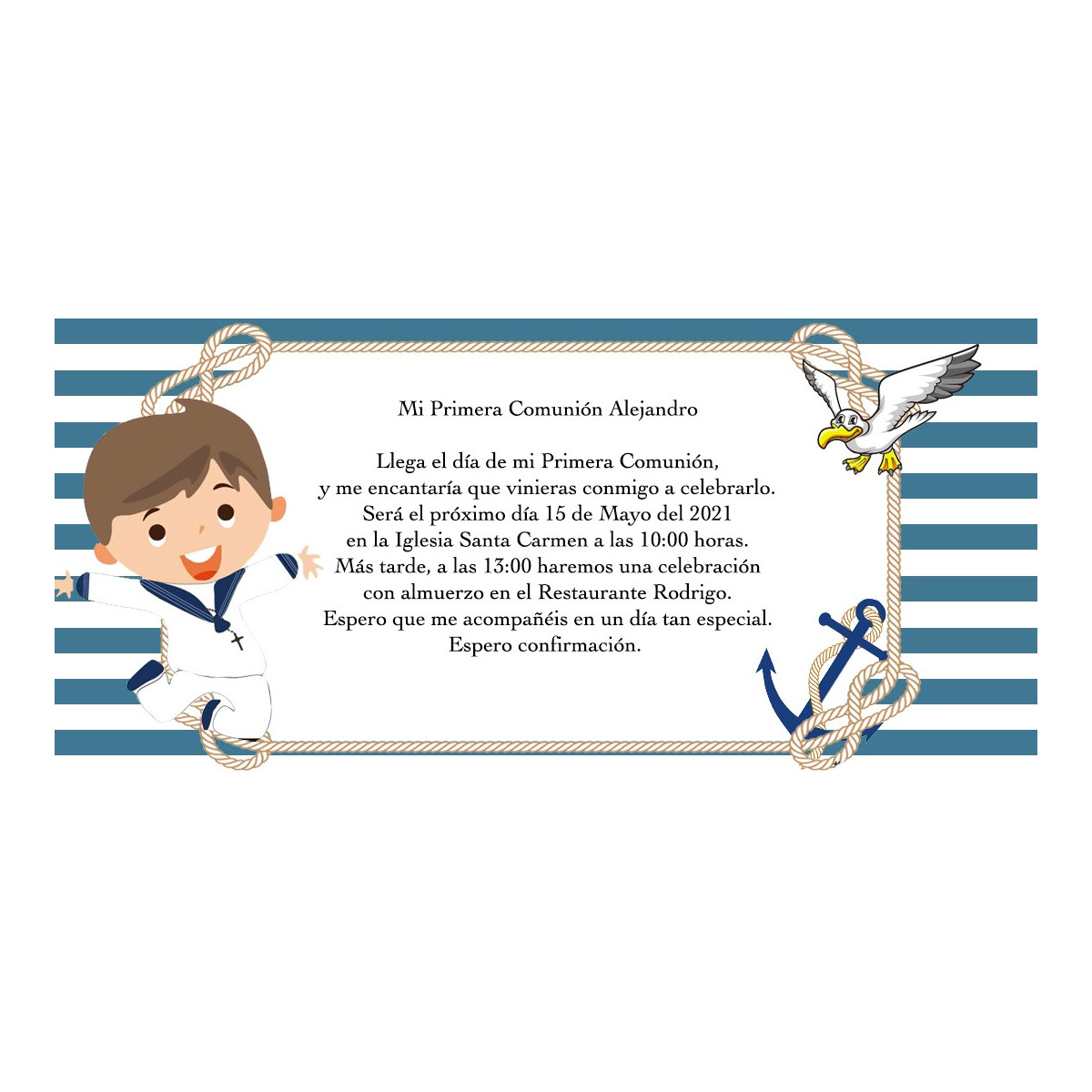 Invitación comunión niño marinero personalizada