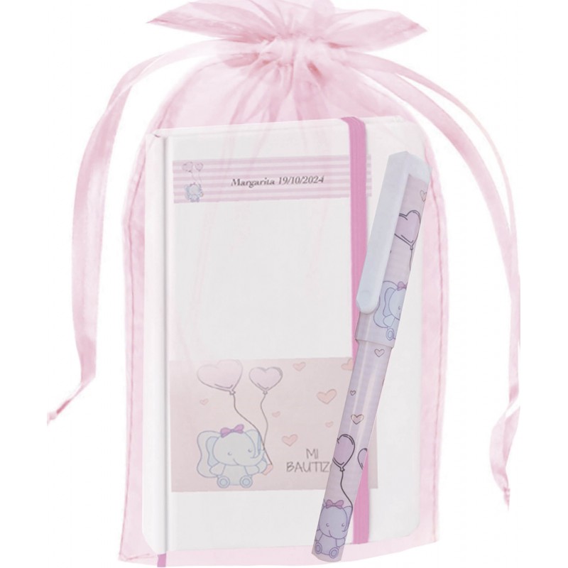 Libreta Elefante Personalizada Con Bolígrafo Y Bolsa De Organza Bautizo Libreta Elefante Personalizada Con Bolígrafo Y Bolsa De Organza Bautizo