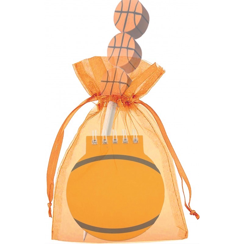 Libreta de baloncesto con lápiz a juego en bolsa de organza