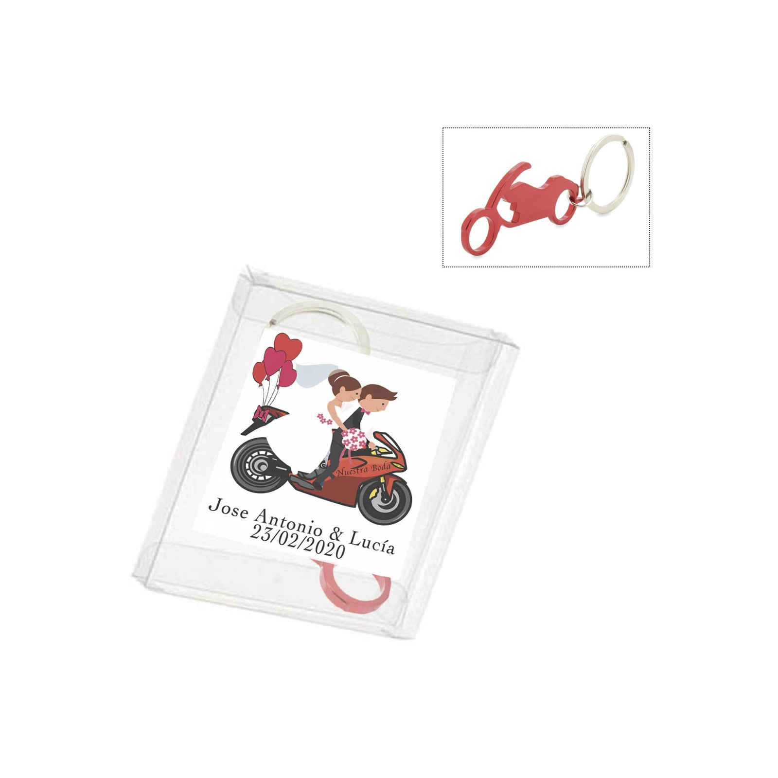 Llavero moto en caja de acetato con adhesivo personalizado
