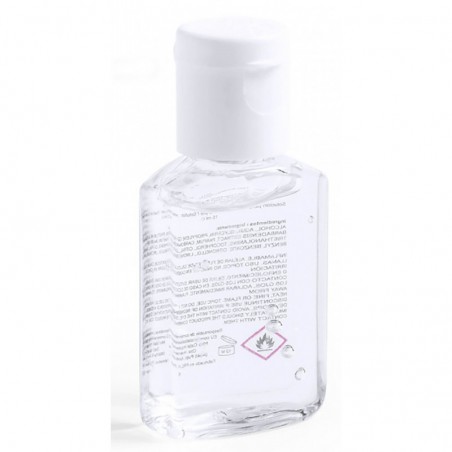 Gel hidroalcohólico con adhesivo personalizado presentado en bolsa de organza