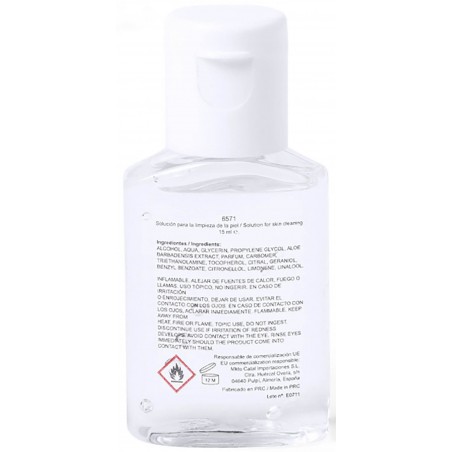 Gel hidroalcohólico con adhesivo personalizado presentado en bolsa de organza
