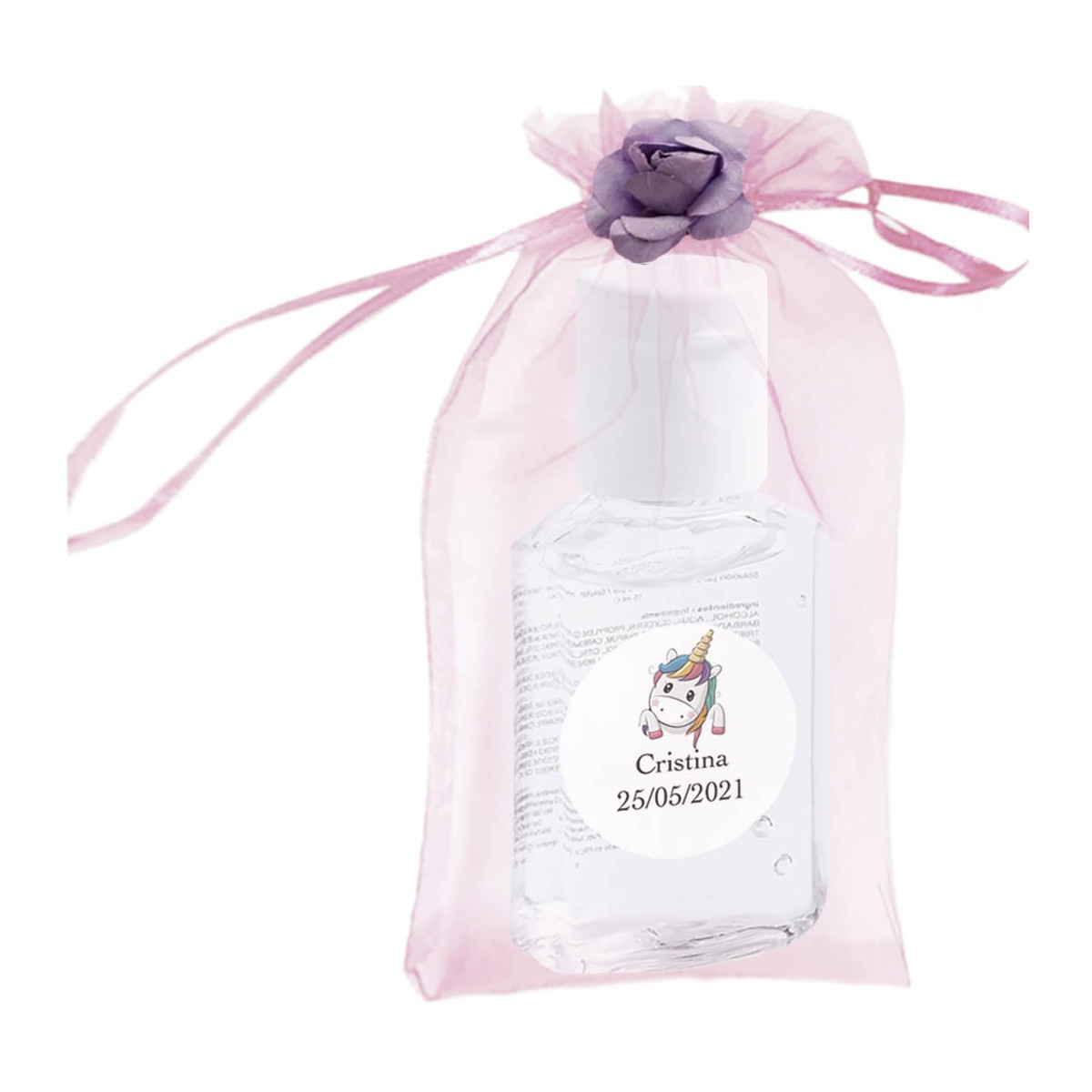 Gel hidroalcohólico bolsa con flor y adhesivo personalizado con nombre y fecha