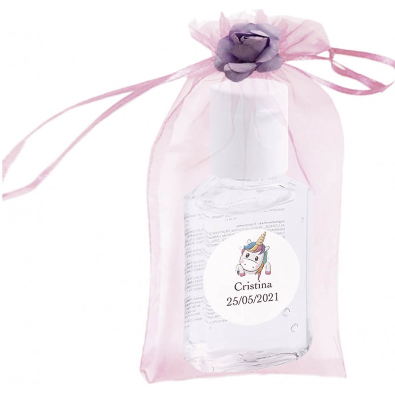 Gel hidroalcohólico para covid 19 en bolsa con flor y adhesivo personalizado con nombre y fecha