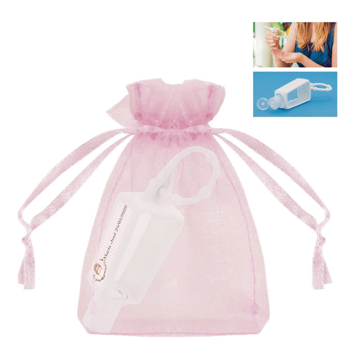 Bote de gel hidroalcohólico rellenable con bolsa de organza para comunión de niña