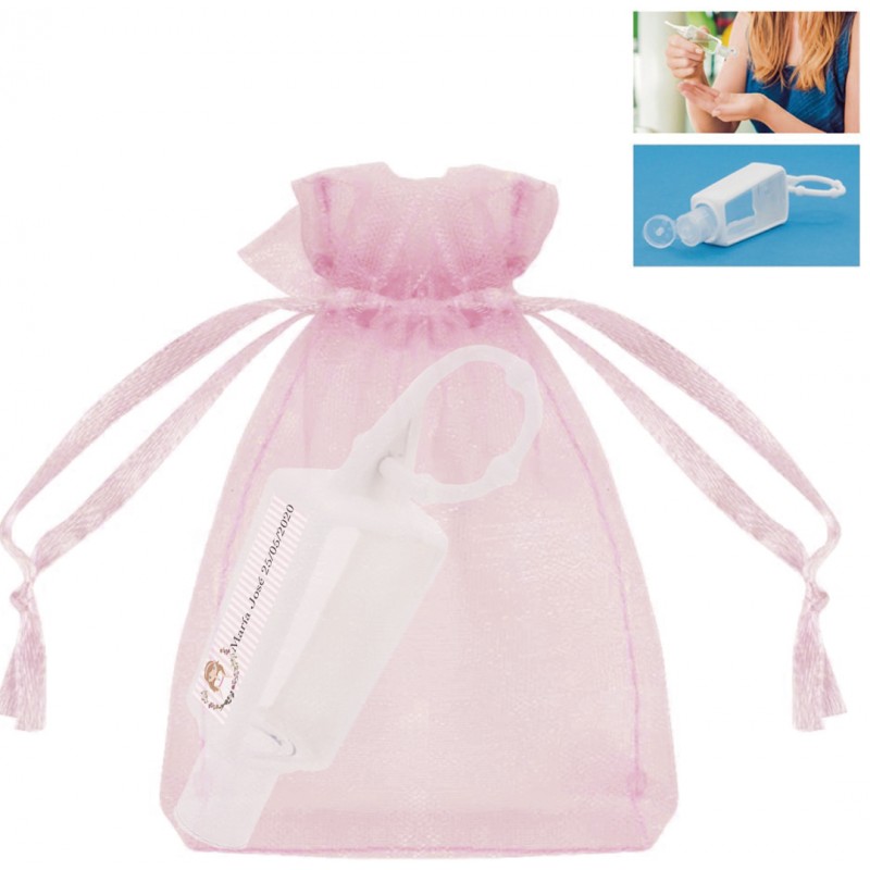 Bote de gel hidroalcohólico rellenable con bolsa de organza para comunión de niña