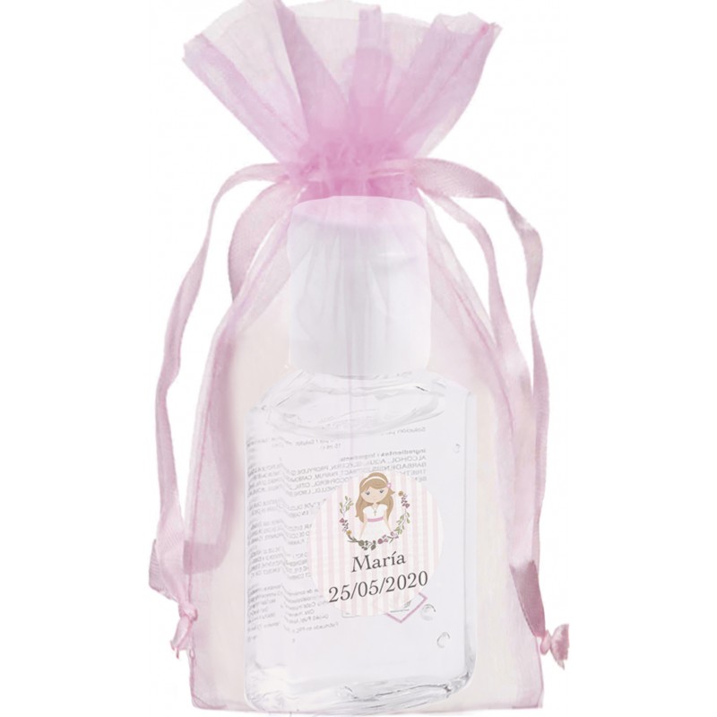 Gel hidroalcohólico personalizado con adhesivo comunión en bolsa de organza