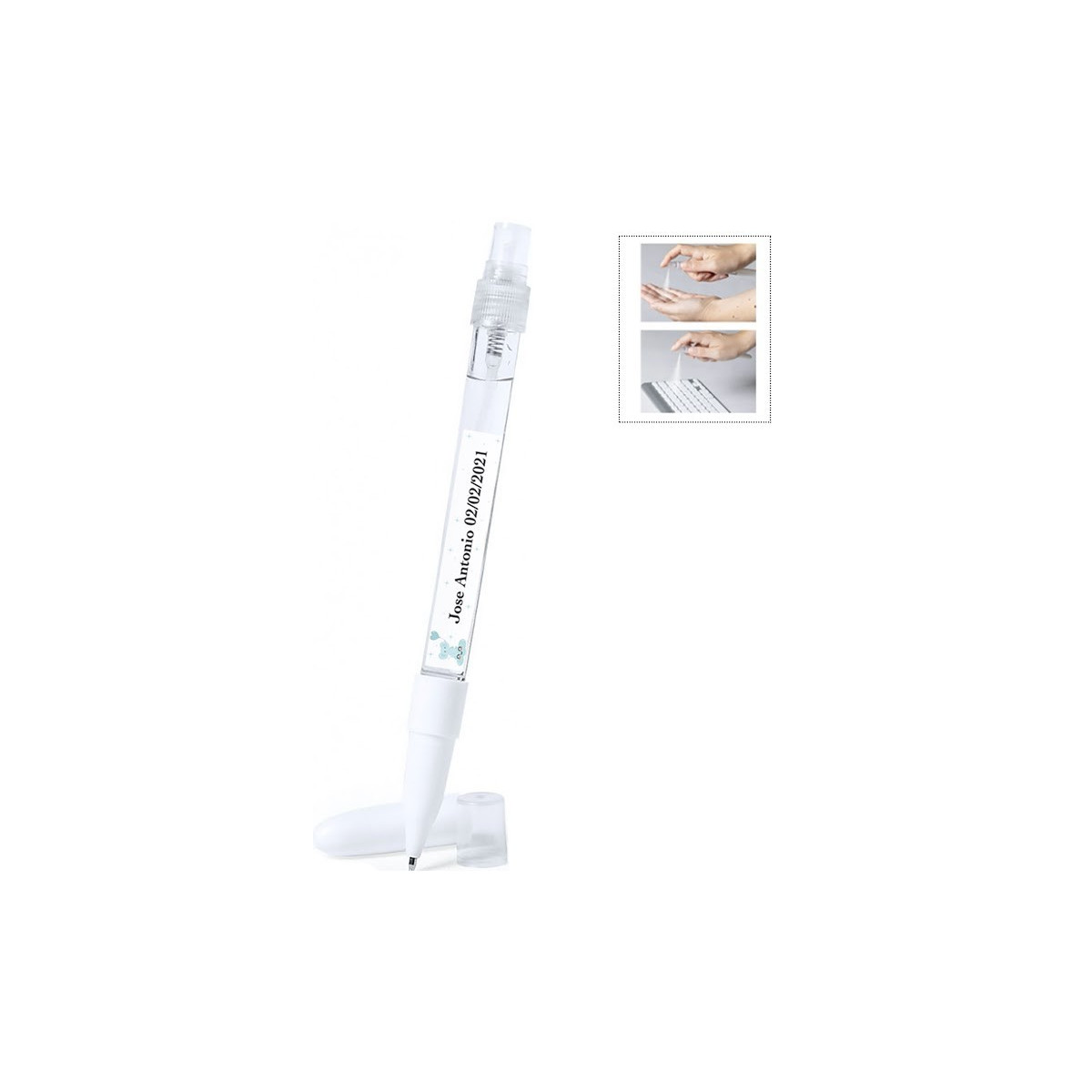 Bolígrafo blanco con pulverizador recargable personalizable para bautizo niño
