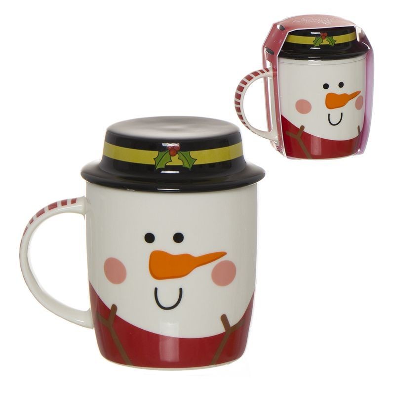 Taza De Cerámica Con Tapadera Y Diseño Muñeco De Nieve Taza De Cerámica Con Tapadera Y Diseño Muñeco De Nieve