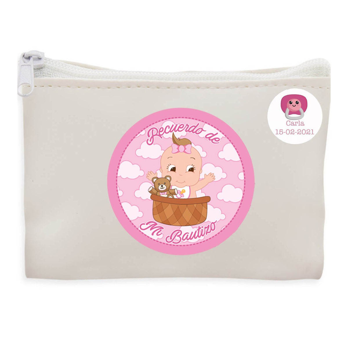Monedero blanco con adhesivo de bautizo personalizado