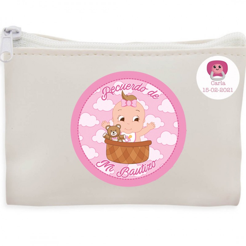 Monedero blanco con adhesivo de bautizo personalizado