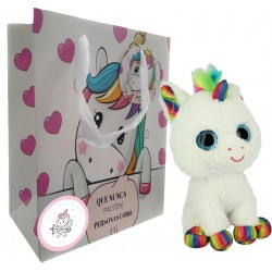 Peluche unicornio en bolsa con adhesivo regalo San Valentín