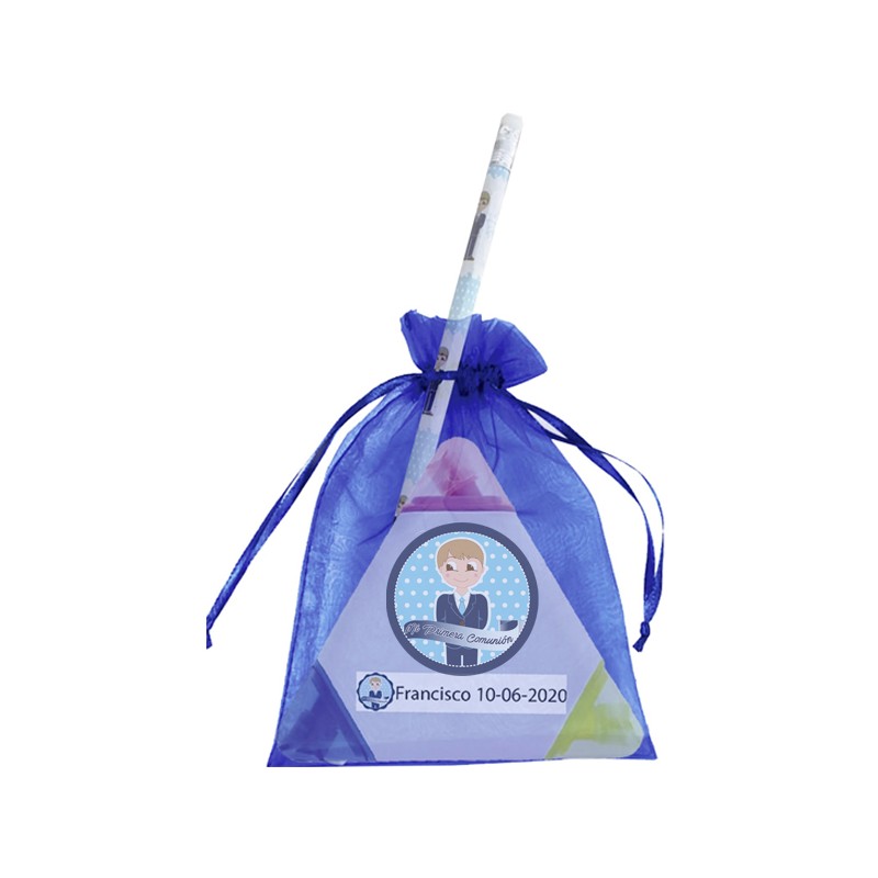 Marcador personalizado comunión niño con lápiz y bolsa de organza