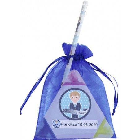 Marcador personalizado comunión niño con lápiz y bolsa de organza