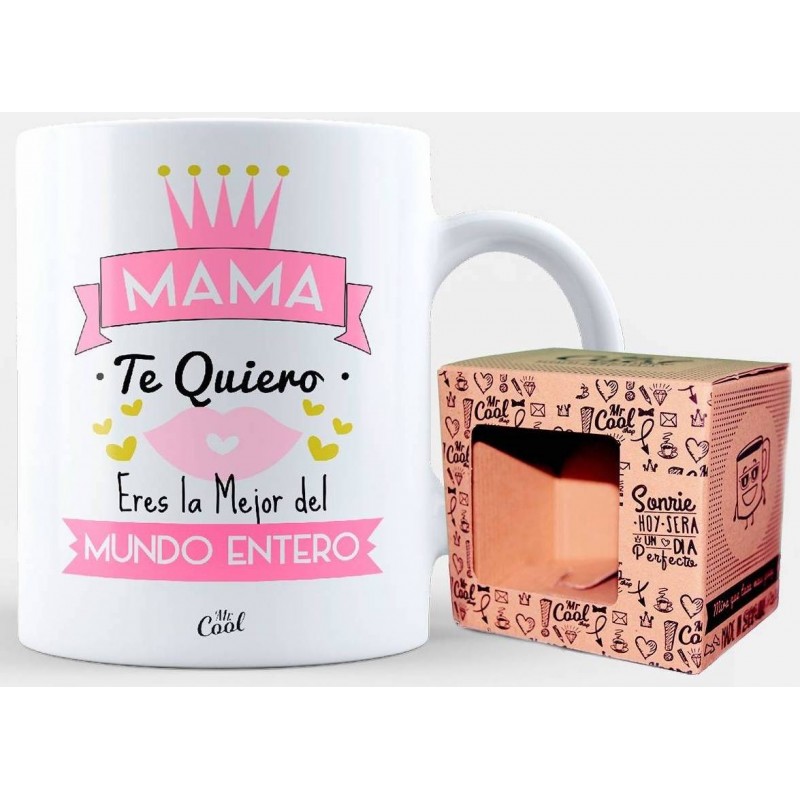 Taza con frase para mamá en color blanca presentada en caja