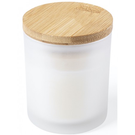 Vela aromática vainilla presentada en tarro cristal con tapón de bambú