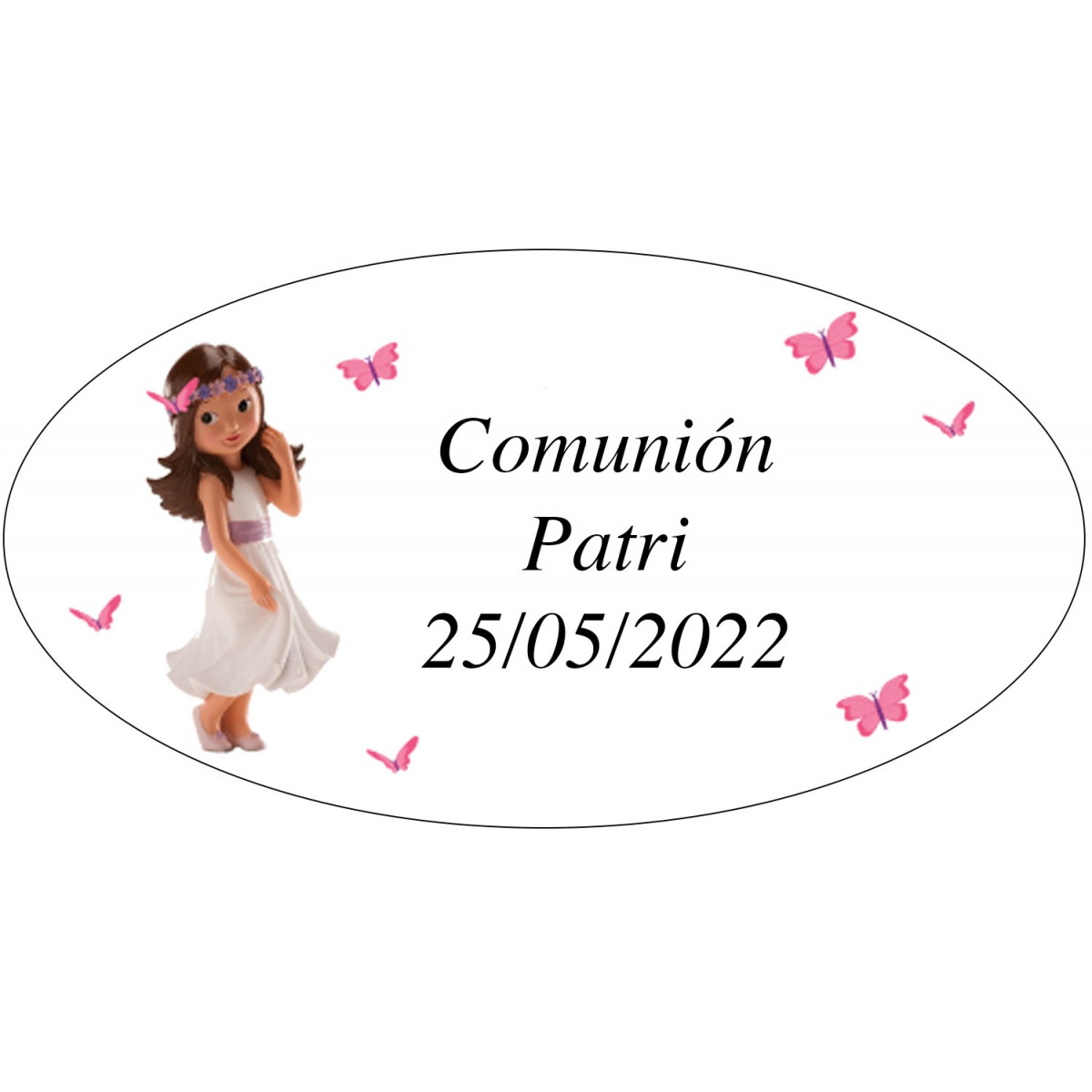 Etiqueta adhesiva personalizada de Comunión Diseño niña con mariposas