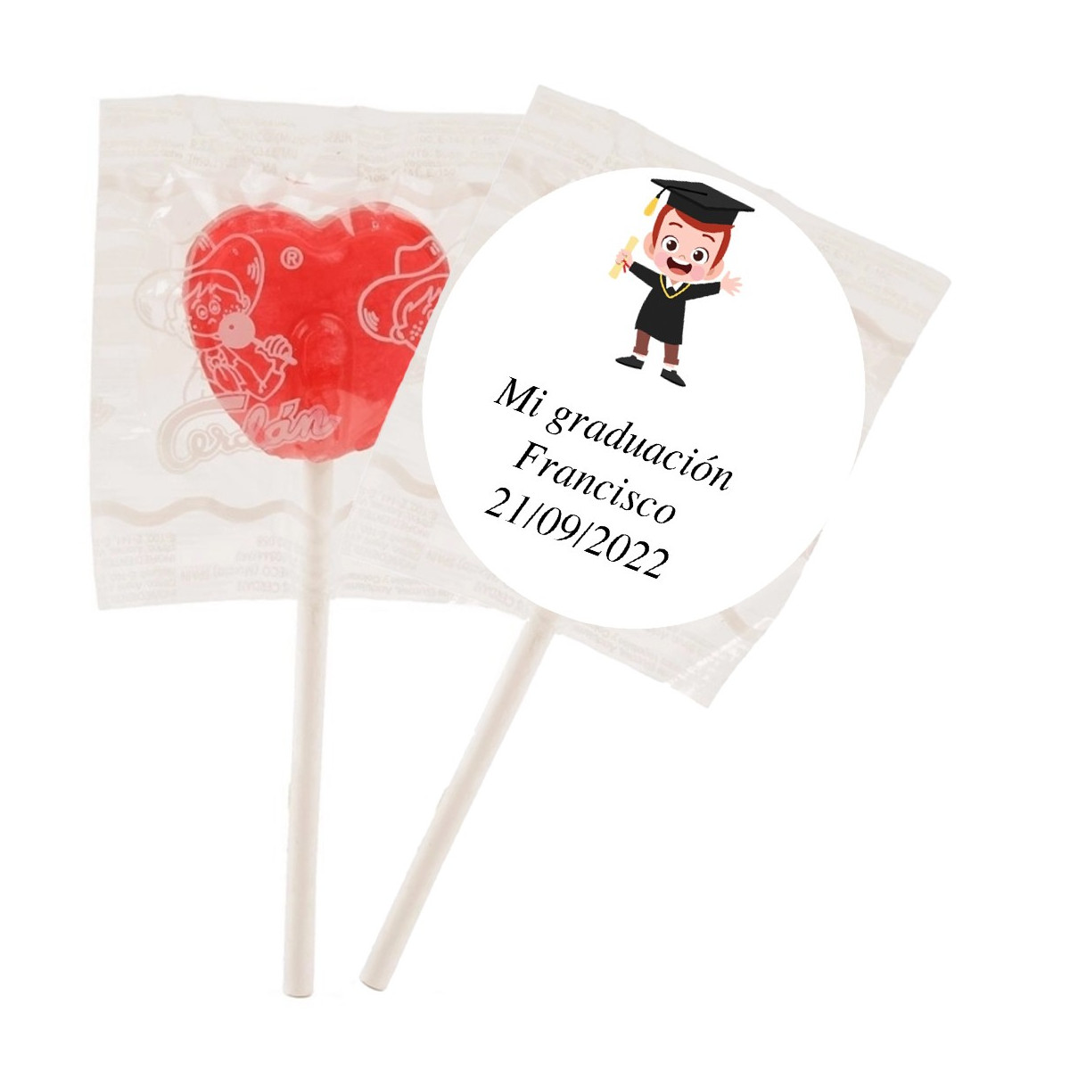 Piruleta de fresa con adhesivo personalizado graduación