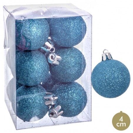 S/12 bolas purpurina plástico azul 4 x 4 x 4 cm