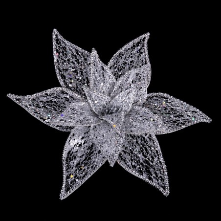 Poinsettia con clip organza plata 30 cm