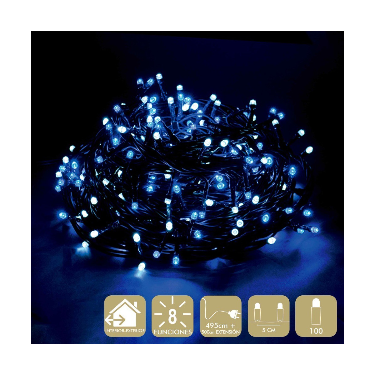 100 luces led 8 funciones blanco azul