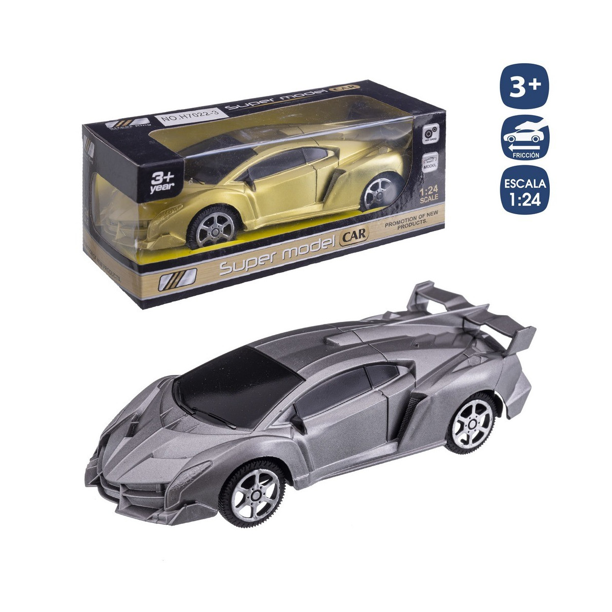 Coche deportivo fricción oro plata 17 cm
