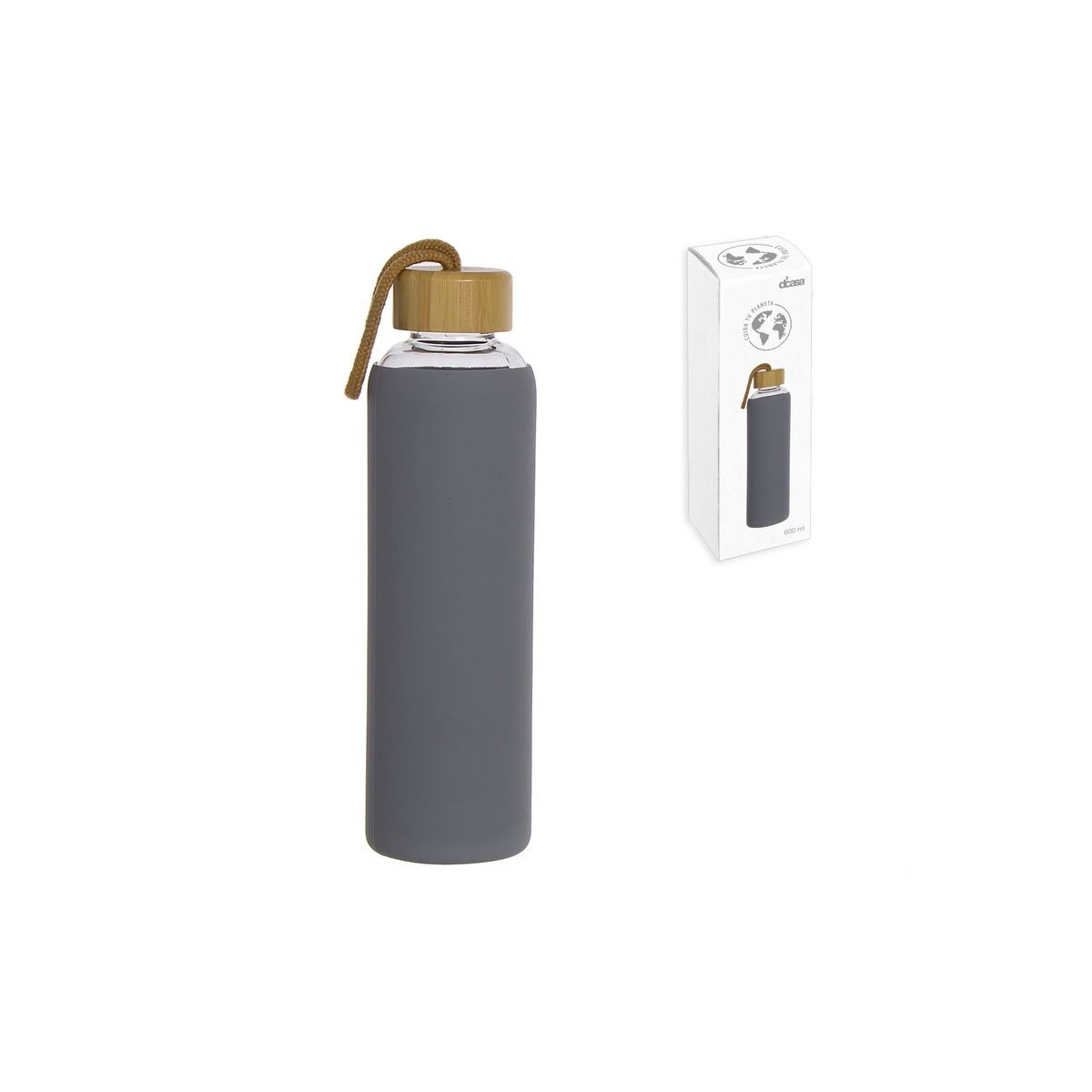 Botella cristal 600ml funda silicona tapa bambu gris