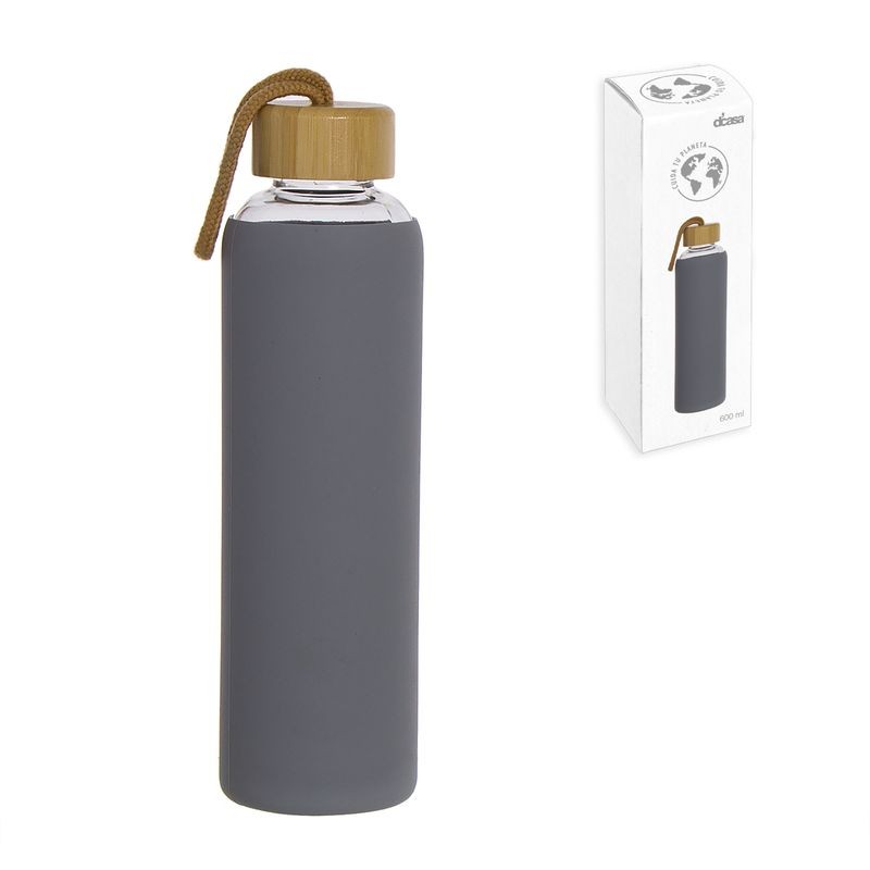 Botella Cristal 600ml Funda Silicona Tapa Bambu Gris Botella Cristal 600ml Funda Silicona Tapa Bambu Gris