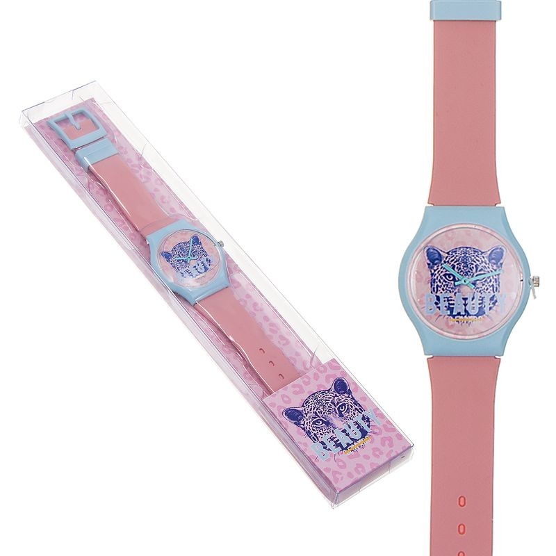 Reloj Infantil Rosa Y Azul Con Diseño De Leopardo 23 Cm