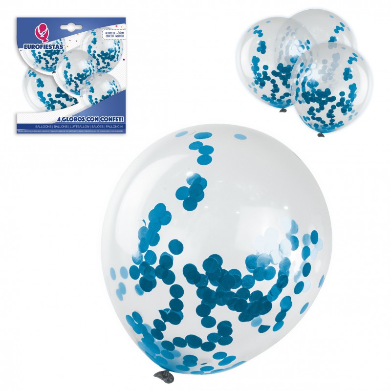 Pack globos latex con confeti 4 azul