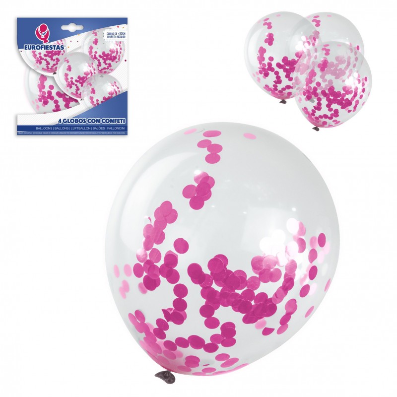 Pack globos latex con confeti 4 rosa