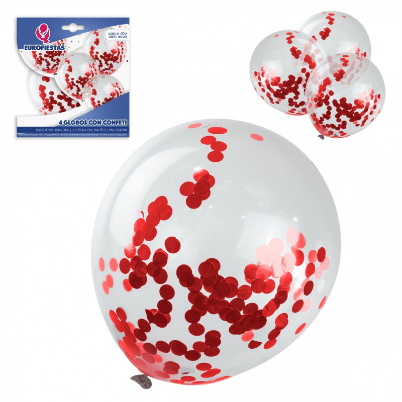 Pack globos latex con confeti 4 rojo