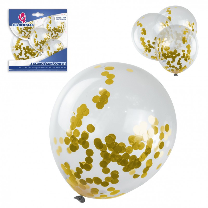 Pack globos latex con confeti 4 oro