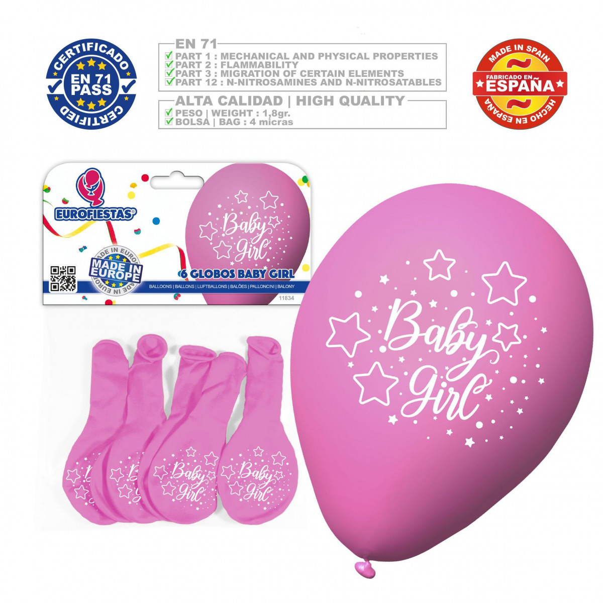 Pack globos baby girl 6 rosa