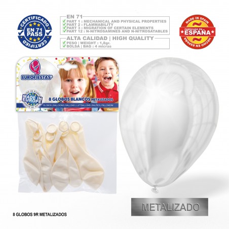 Pack Globo Metalizado Blanco 9r 8 Unidades