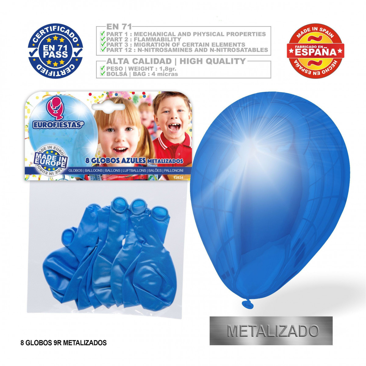 Pack globo metalizado azul suave 9r 8 unidades