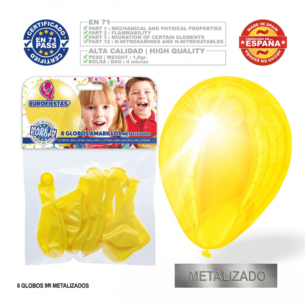 Pack globo metalizado amarillo 9r 8 unidades