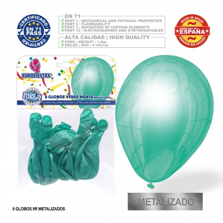 Pack globo metalizado verde menta 9r 8 unidades