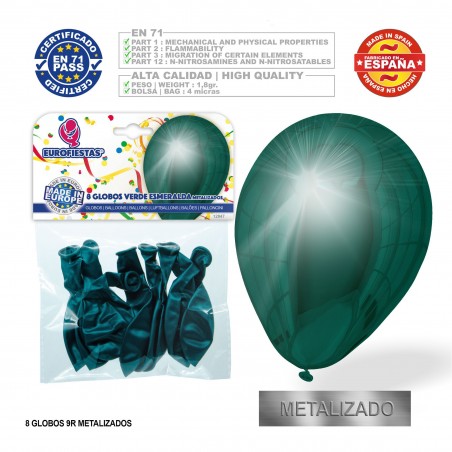 Pack Globo Metalizado Verde Esmeralda 9r 8 Unidades