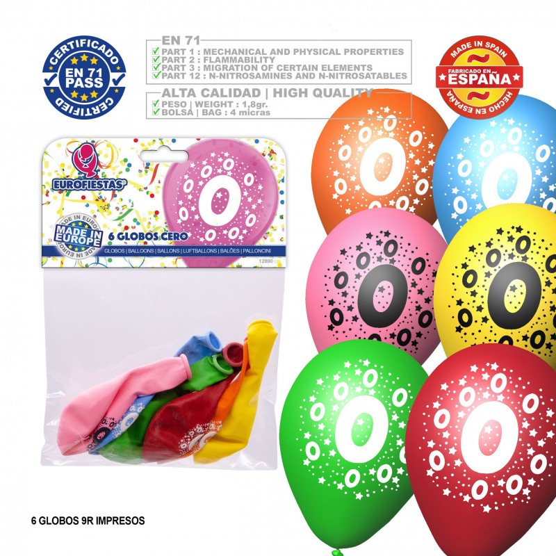 Pack Globo Colores Surtidos 9r Número 0 Impreso 6 Unidades